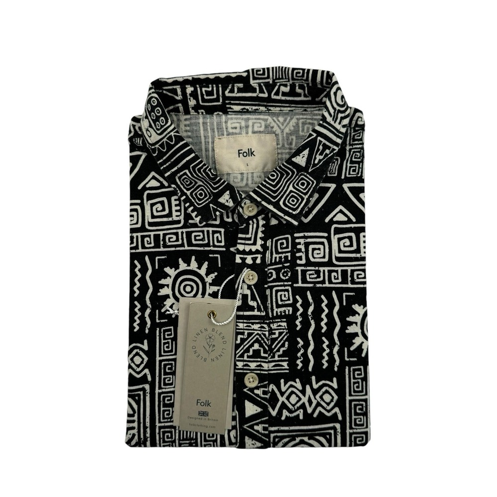 Folk Linen Blend Machu Short Sleeve Button Front Shirt Black White Mens L NWT